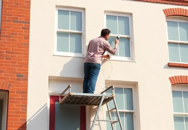 Peintre sur échafaudage traitant la façade d'une maison